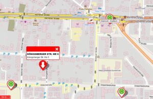 Ausschnitt einer Stadtkarte mit roten und grünen Markierungen sowie Straßennamen