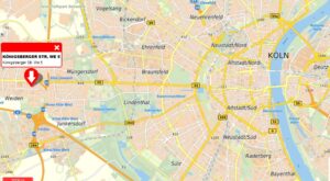 Eine bunte Karte von Köln mit rotem Pfeil bei Königsberger Straße Weiden