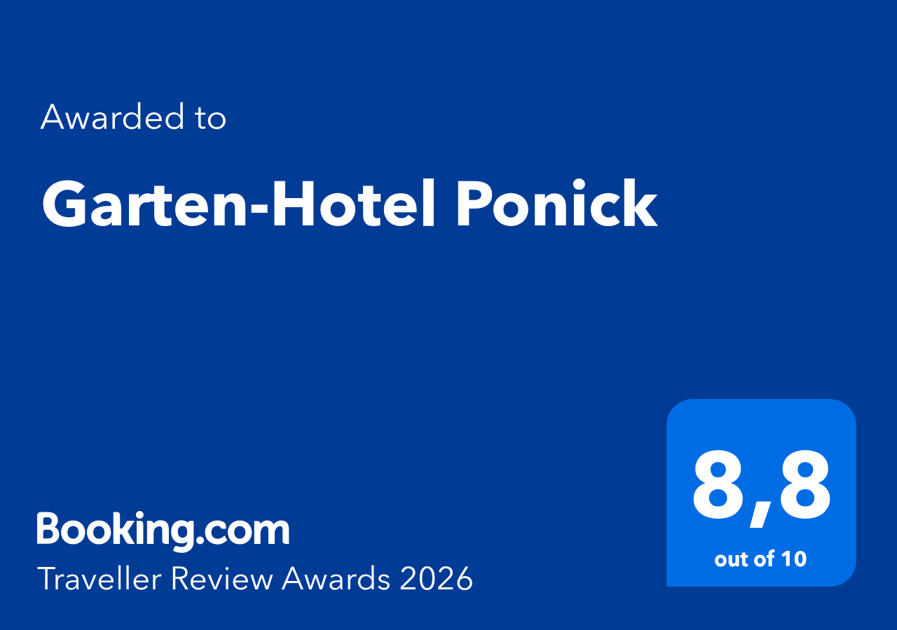 Blaue  Booking  com  Auszeichnung  fuer  Garten-Hotel  Ponick  mit  Bewertung  8,8  von  10